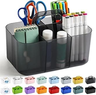 Multiuse Caddy Organizer with Handle - Stackable Plastic Bin - Divided Storage Tote Holder for Art Craft Supplies, Makeup, Bathroom, Shower, Cleaning, Kitchen, Office, Dorm, Desktop - Clear Black
