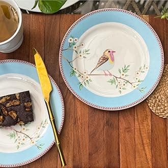 GOLDEN QUEEN'S Snack Plates Set of 4 | Perfect for Snacks, Desserts, Appetizers, Salads, Tapas, Cheese | 7 inches Wide | Microwave Safe (Birdie in Blue)