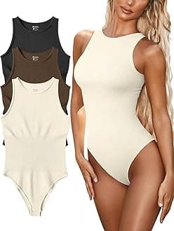 FUNNYBSG Women’s Sexy Ribbed Bodysuit Tops - 3 Piece Sleeveless Halter Neck Bodysuits with Tummy Control (Color : Black Coffee Beige, Size : S)