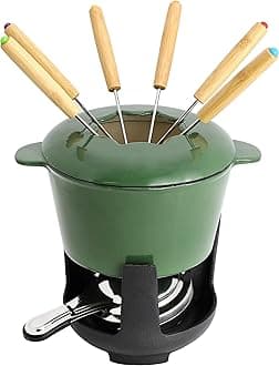 MegaChef Enameled Cast Iron Fondue Pot Set with 6 Serving Forks – Perfect for Chocolate, Cheese, and Snack Fondue, Vibrant Green Cookware