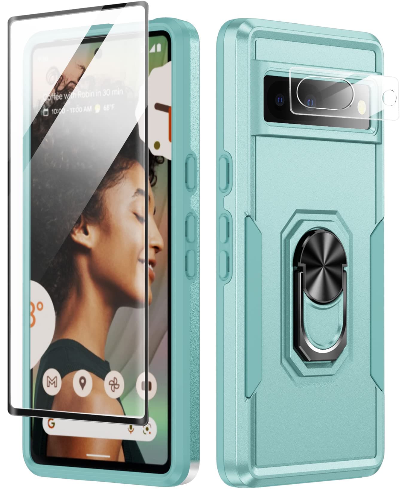 Google Pixel 7 Case with Screen Protector - Heavy Duty Shockproof Full Body Protective Phone Cover - Built in Rotatable Magnetic Ring Holder Kickstand for Google Pixel 7 5G (2022), Green