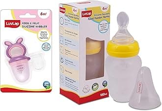 Silicone Food/Fruit Nibbler with Extra Mesh, Soft Pacifier/Feeder, Teether for Infant Baby, Infant, Bunny Violet & Pink & Feeding Spoon with Feeder Bottle, 180Ml, Bpa Free