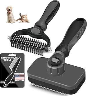 3PCS Self Cleaning Slicker Brush & Pet Grooming Rake & Flea Comb for Dogs,Cats and Horses | Double-Sided Dematting Comb & Skin Friendly Deshedding Grooming Tool | Premium Pet Supplies（Gray Black)