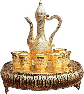 Turkish Coffee Cup and Tea Pot Set Including Teapot,Tea Tray,6 Metal Cups,Tea Service Set for Tea Table Decor,Hip Flask(Gold)
