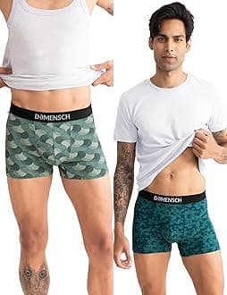 DAMENSCH Pack of 2 Regular Fit Printed Cotton Blend Anti-Bacterial Moisture Wicking Breathable Microfiber Waistband Stretchable Deo Cotton Trunk for Men