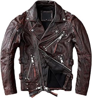 Black Motorcycle Leather Jacket Men Natural Real Cowhide Slim Fit Vintage Brown Mens Jackets