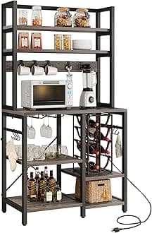YITAHOMECoffee Bar w Power Outlet, Small Kitchen Microwave Stand Bakers Rack, Freestanding Appliance Storage Shelves 6 Tier w Hooks & Cup Glass Holder 31.5", Oak Gray