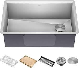 KWU110-30 Kore Workstation Satin 30-inch Undermount 16 Gauge Single Bowl Stainless Steel Kitchen Sink with Integrated Ledge and Accessories - Pack of 5