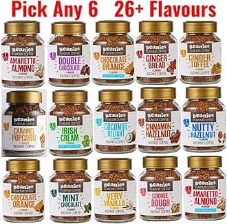Beanies Instant Coffee Pick Any 6, from 26+ Blends Inc Cinder Toffee, Nutty Hazelnut, Very Vanilla & Many More (White Chocolate & Raspberry)