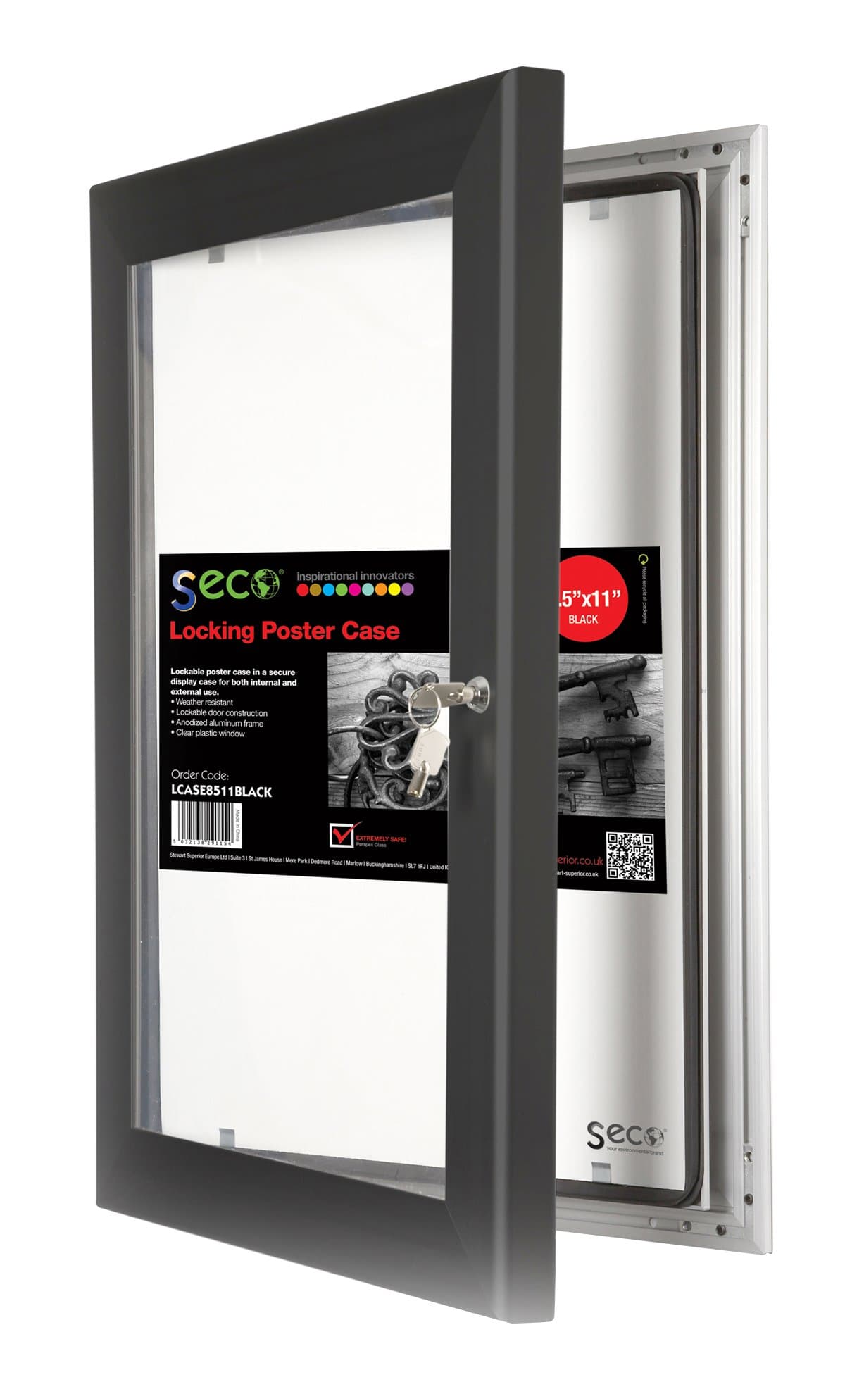 SECO Lockable Enclosed Bulletin Board - Shatterproof/Rustproof - Front Loading - 8.5" x 11" - Black