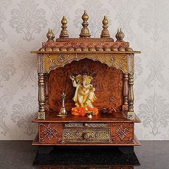 Mango Wooden Temple/Mandir/Pooja Ghar/Mandapam with Drawer Mangal Beautiful Puja Stand for Home and Office | Handcrafted Wall Mounted Engineered Ethnic Big Size(Size- 28D x 46W x 61H CM)