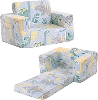 Tiita Kids 2-in-1 Convertible Couch to Lounger, Flip Out Toddler Armrest Bed, Folding Play Sofa for Girl or Boy (Grey Dinosaur)