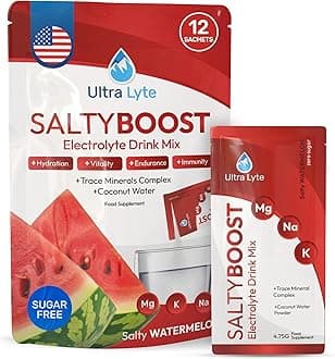 Ultra Lyte Electrolytes Drink Mix - Sugar-Free Salty Watermelon Powder - 12 Sachets with High Sodium, Trace Minerals, and Coconut Water - Hydration for Fitness, Endurance, and Wellness