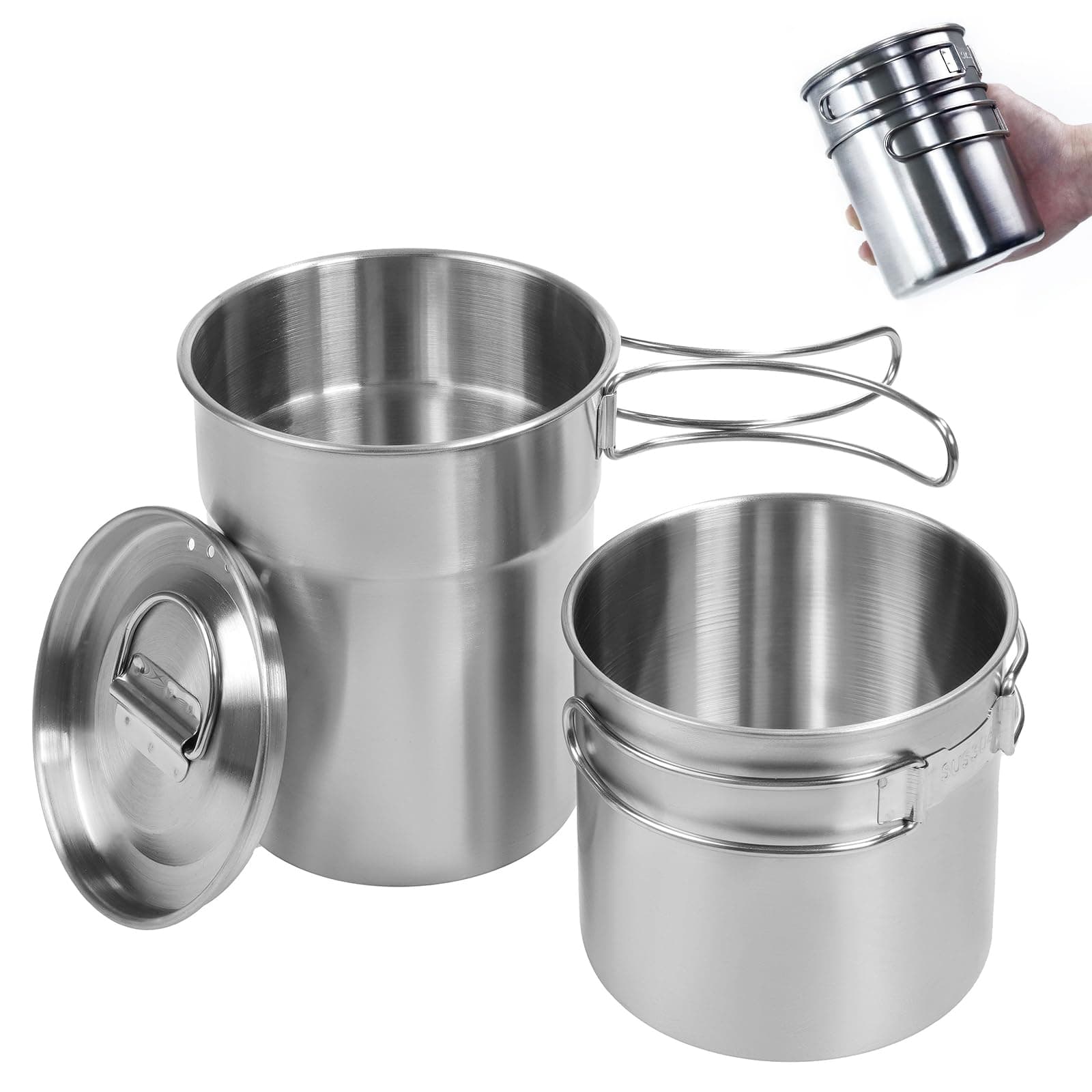 Foldable Camping Cups Mugs Camping Pot Cookware 304-Food-Grade Outdoor Camp Cooking Set with Vented lid,Stainless Steel Backpacking Cookware for Hunting