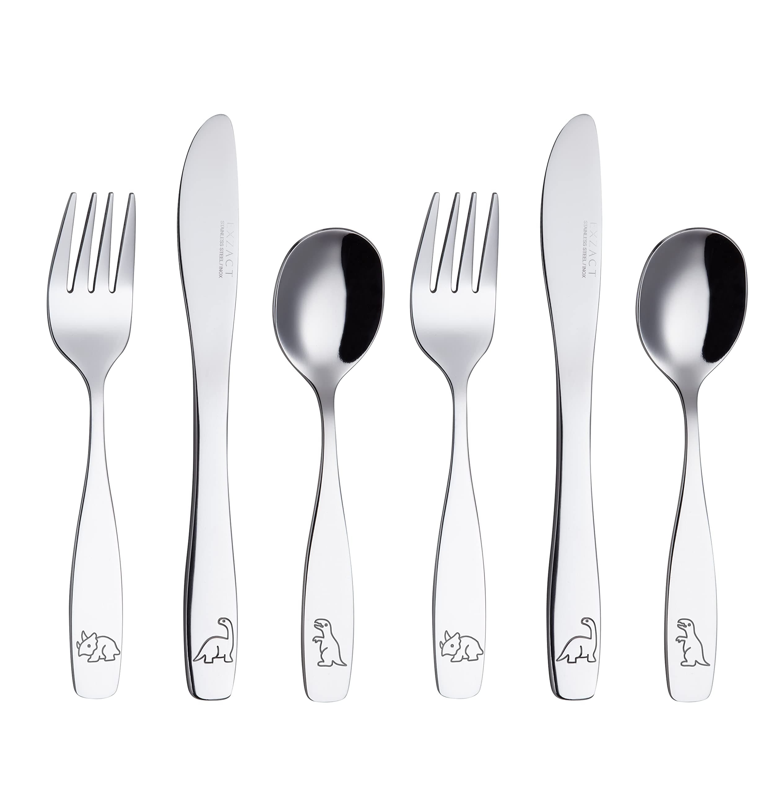 Exzact Children's Cutlery Stainless Steel 6pcs Set/Kids Cutlery/Toddler Utensils/Flatware - 2 x Forks, 2 x Safe Dinner Knives, 2 x Dinner Spoons - Engraved (Dinosaurs)