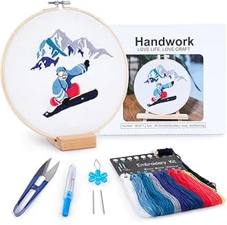 Embroidery Kit for Adult Beginners,Skiers Snow Mountain Embroidery Kit with Step-by-Step Instructions & Video,Printed Cloth,7.87" Hoop,Display Stand,Color Threads and Tools for Craft Lover(BES011)