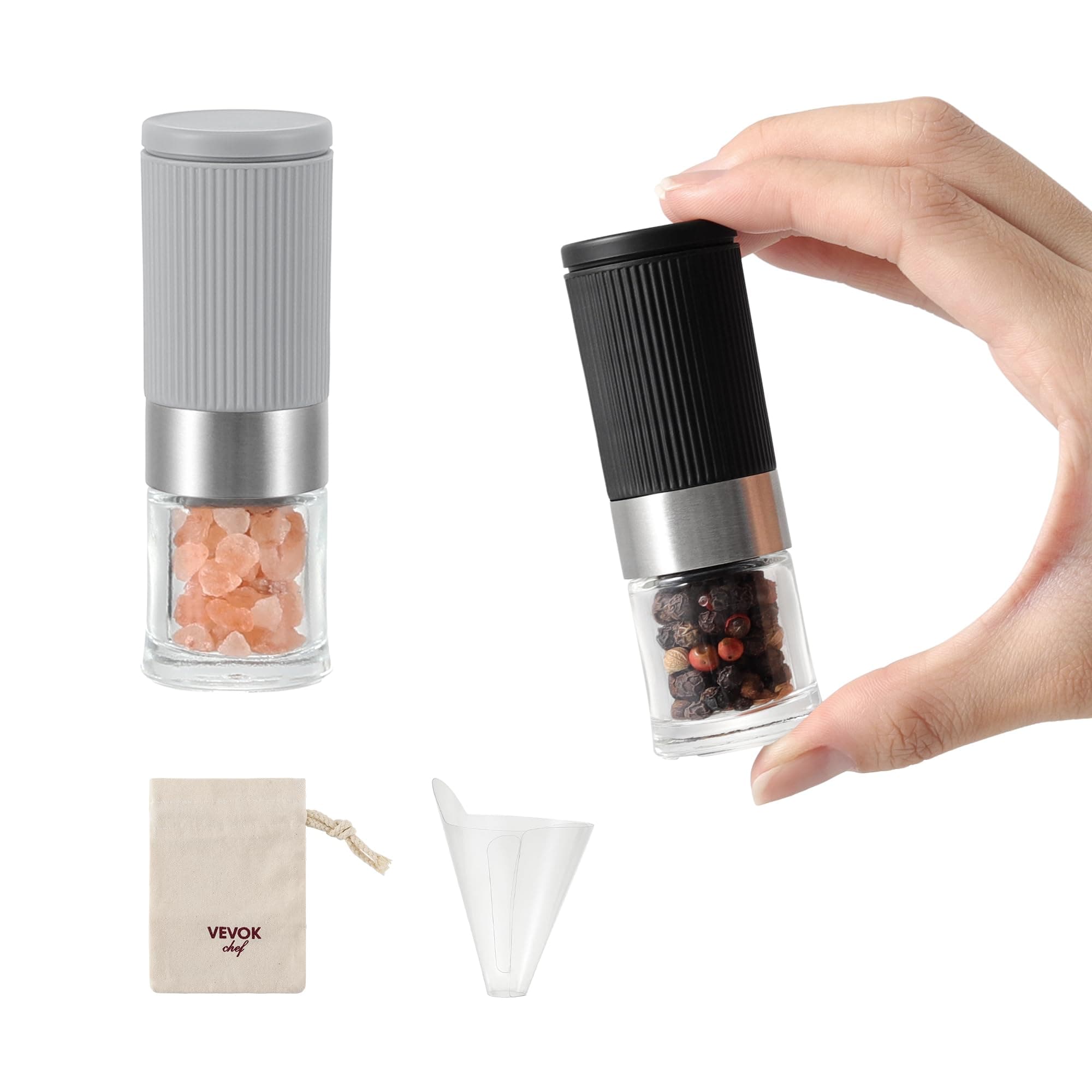 Mini Salt and Pepper Grinder Set, Small Tiny Adjustable Coarseness Ceramic Salt Grinder with Funnel and Bag Portable Handy Spice Pepper Mill Shaker For Outdoor Party Lunch Bag Kitchen