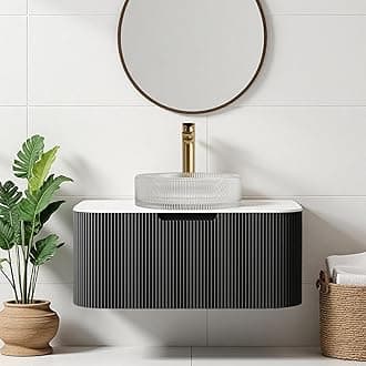 30" Floating Bathroom Vanity with Sink, Solid Wood Modern Bathroom Storage Cabinet with Ultra-Thin Round Crystal Glass Basin and Marble Countertop, Soft-Close Design, Pre-Assembled, Black