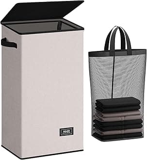 SOLEDI Laundry Basket with Lid 100L Washing Basket Collapsible Laundry Baskets Slim Clothes Hamper Foldable Laundry Bin Laundry Bag for Bedroom, Closet, Bathroom, Dorm(Beige)