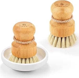 SUBEKYU Bamboo Dish Scrub Brushes, Kitchen Wooden Cleaning Scrubbers Set for Washing Cast Iron Pan/Pot, Natural Sisal Bristles, Set of 2