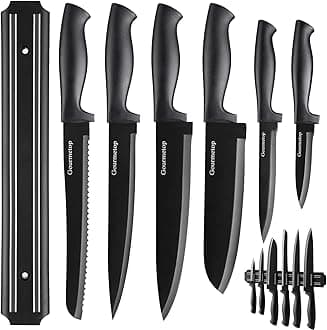 Kitchen Knife Set with No Drilling Magnetic Strip for Kitchen Black Titanium Small Cooking Knives, Sharp Stainless Steel Chef Knife Set for Cutting Meat & Vegetable