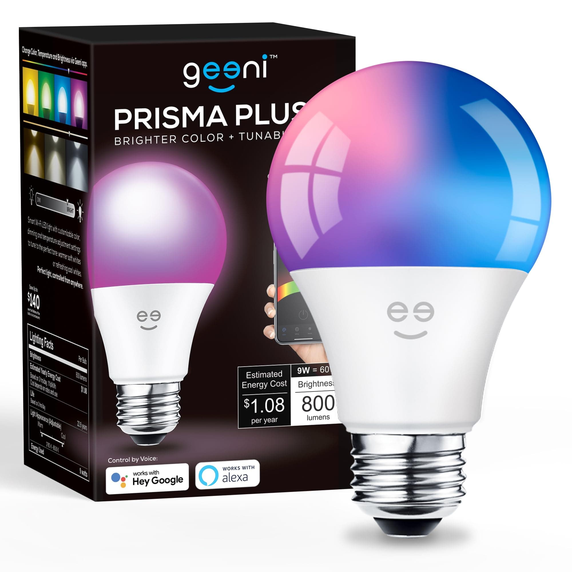 Geeni Prisma Plus 800 Dimmable Smart Light Bulbs with 2.4 GHz Wi-Fi Connectivity – Color-Changing & Tunable White, A19 LED Smart Bulb – Works with Alexa & Google, 1-Pack