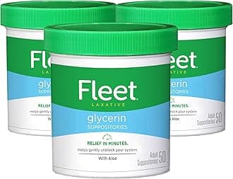 Fleet Glycerin Suppositories for Constipation Relief, Fast and Effective Stimulant-Free Laxative with Aloe Vera, 50 Count Jar, Pack of 3