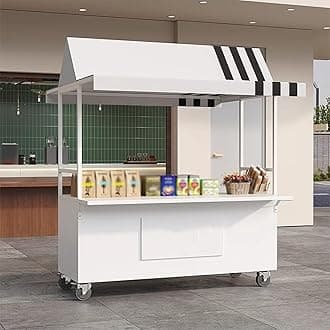 Mobile Cart with Wheels Selling Food, Vending Iron Cart with Canopy, Customizable Logo, for Street Food, Handicrafts, Snacks(White)