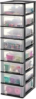 Plastic Storage Drawers Unit, 8 Shallow Drawers, Black, Easy-Pull Drawers, A4, A5 & A6 Format, File Organiser, For Office, School, Stationary, BPA Free, Chest, Tower, OCH-2008