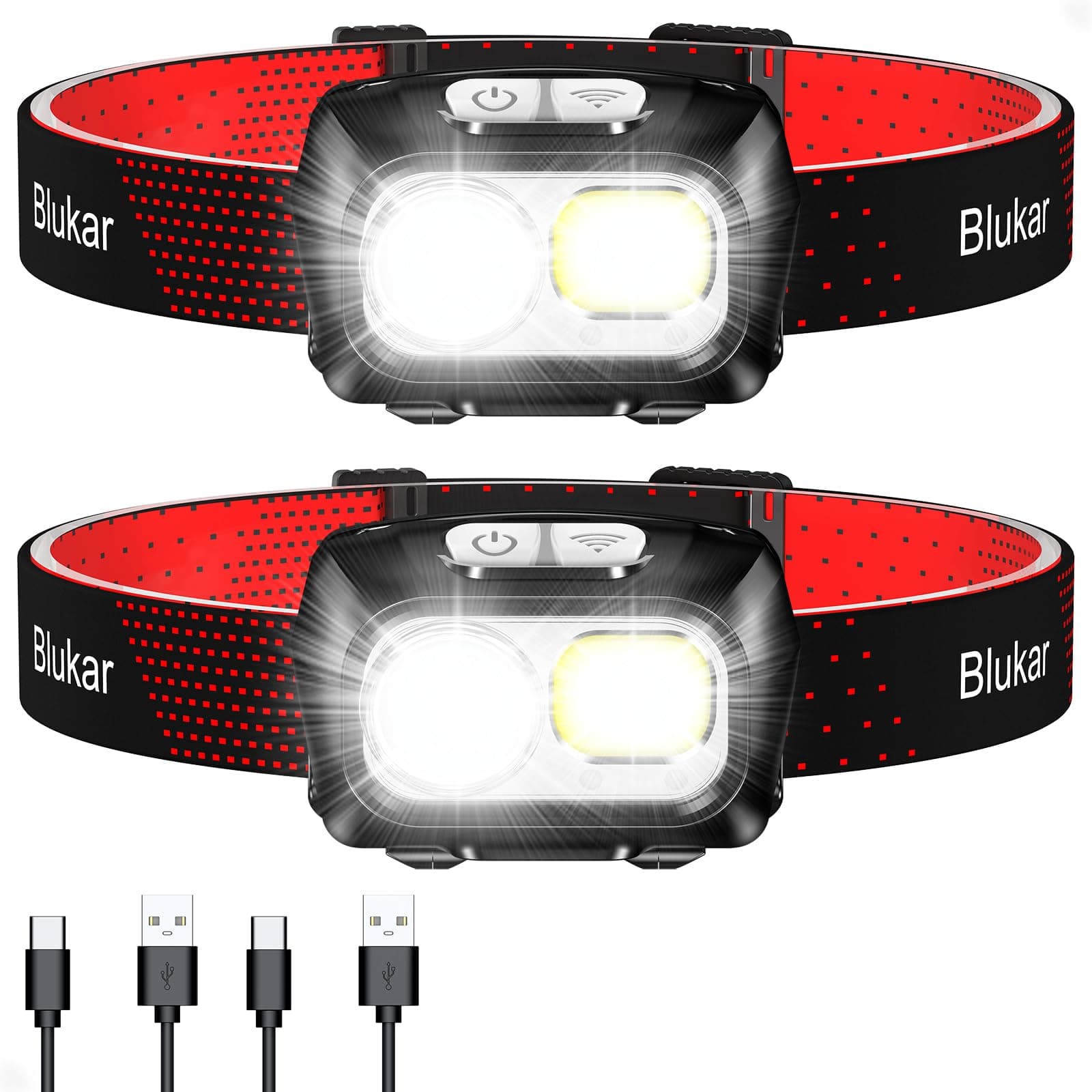 Blukar Head Torch Rechargeable, [2 Pack] 2000L Super Bright Headlamp Headlight with 8 Light Modes, Spotlight Floodlight Combination, Sensor Control, Waterproof, Long Battery Life for Running,Camping