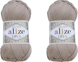 Alize Diva Microfiber Acrylic Yarn - Silk Effect Thread for Crochet & Lace Craft - Beige (167), 200gr, 767 yds, Lot of 2 Skeins