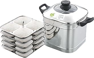 SIM-GIP Stainless Steel Square Shape Designer 5 Plates Idly Maker with Glass Lid, Silver, 750ml