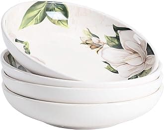 Bico Magnolia Floral Pasta Bowls, 35oz Salad Bowl Set of 4, Large Ceramic Serving Dinner Bowls for Soup and Cereal, Microwave and Dishwasher Safe, Gift for Housewarming and Thanksgiving