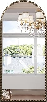 Arched Gold Antique Mirror with Beaded, 22"x48" Gold Arch Bathroom Vanity Mirror, Retro Brass Metal Frame Decorative Mirror for Bedroom Dressing Room Entryway Fireplace