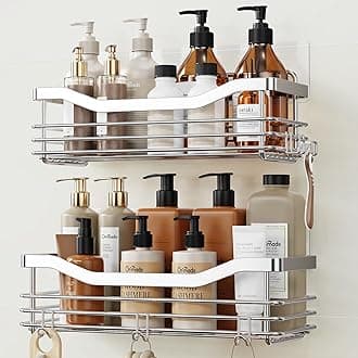 Shower Caddy Basket Shelf Storage Rack Pack of 2, No Drilling Wall Mounted Adhesive Rust Proof Stainless Steel Shower Organizer with 5 Hooks for Bathroom, Toilet, Kitchen