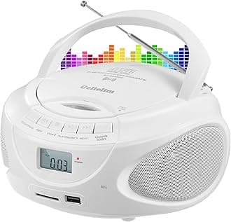 Gelielim Portable CD Player Boombox with Bluetooth, AM/FM Radio, Stereo Sound, Top-Loading CD Player for Home, Supports USB/AUX/Headphone Jack, AC/Battery Powered, Ideal for Kids Elderly (White)