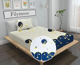 Filymore Microfiber Wrinkle Free Soft Hypoallergenic | Cartoon Printed Single Bed Small/Super Size for Kids with 1 Pillow Covers (90x60 Inches/Good Night/Boys Girls Room)(Blue and Cream)