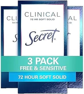 Secret Clinical Strength Antiperspirant Deodorant for Women, Free & Sensitive, 3X Stress Protection, 72hr Sweat & Odor Protection, PH Balancing Minerals, Soft Solid, Unscented, 1.6 oz (Pack of 3)
