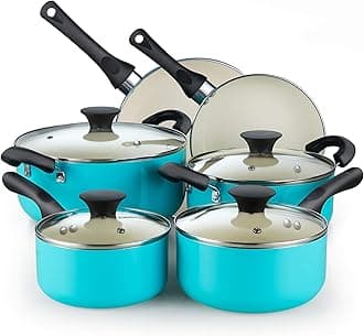 10-Piece Ceramic Nonstick Cookware Set - Pots, Pans, Dutch Oven, Saucepans, Frying Pans and Lids - Turquoise