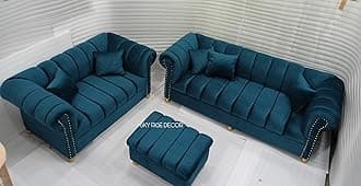 Sky Rise Decor Modern Classic 6 Seater Fabric & Valvet Shutter Tufted Chesterfield Sofa for Your Living Room and Office 3+2+1Footrest (Teal Green 2)