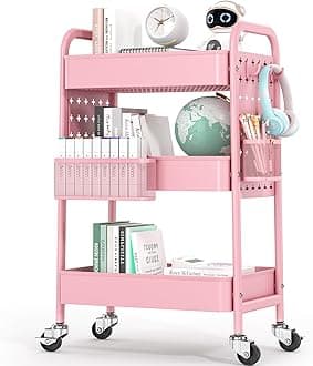 TOOLF Metal Rolling Storage Cart, 3-Tier Utility Mobile Cart with DIY Pegboards, Serving Trolley Cart with Baskets Hooks, for Kitchen, Bathroom, Office, Home, Classroom (Pure Pink)