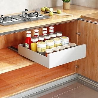 SAYZH Pull Out Cabinet Organizer, Slide Out Drawer Storage Shelves for Kitchen Cupboard, Roll-Out Extendable Sliding Drawer, (43 CM Depth x 35 CM Width x 9CM Height), White