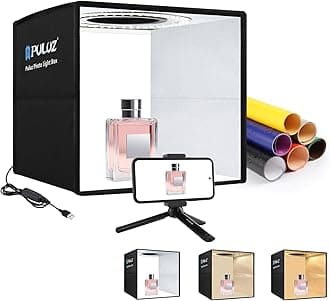 Mini Photo Light Box Photography, PULUZ 25cm/9.8inch Portable Photo Studio Lightbox Folding Dimmable 3 Color Temperature 96pcs LED Light with 6 Dual-Side Color Backdrops