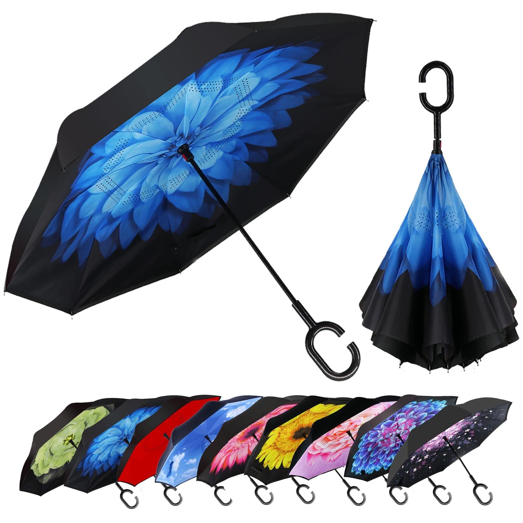 MRTLLOA 40/49/56 Inch Oversize Windproof Inverted Reverse Upside Down Umbrella, Golf Size Rain Umbrella, Double Layer, C-Shaped Handle for Men, Women and Kids
