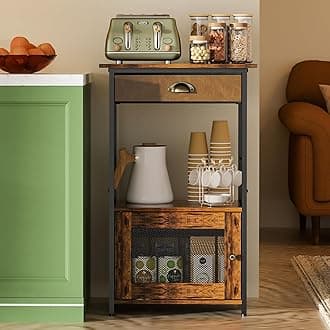 Coffee Bar Station, 3-Tier Small Coffee Stand Station with Storage, Farmhouse-Style Kitchen Microwave Stand Featuring 1-Door Cabinet Ideal for Living Room, Entryway, Kitchen