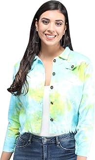 FUNDAY FASHIONWomen's Denim Blend Tie-Dye Cotton Blend Standard Length Jacket