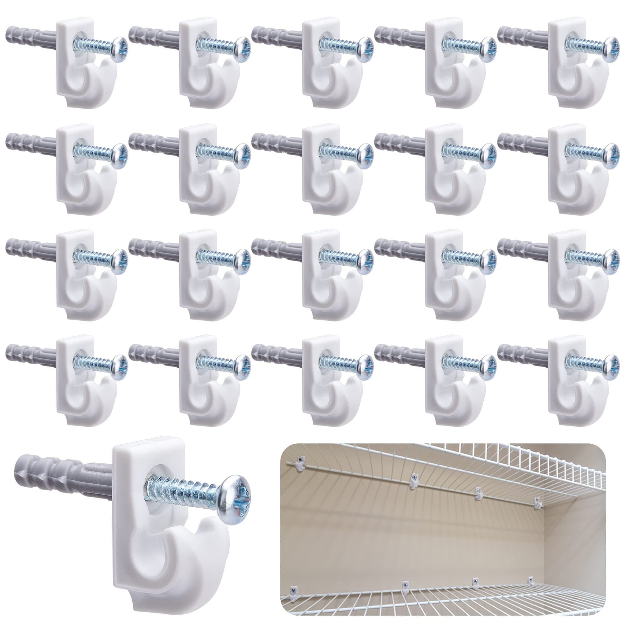 White Down Wall Clip- Wire Shelf Loop Clips Wall Shelf Clips Screws and Expansion Tubes for Wire Shelving (20pcs)