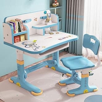 HEVIRGO Children Learning Desk and Chair Set Learning Desk Height Adjustable with Drawer Wide Desktop Cartoon Pattern Table and Chair Set Suitable for Reading, Learning, Writing, Painting, Etc Blue