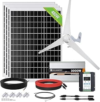 ECO-WORTHY 24V 880W Solar Wind Turbine Generator Kit with Inverter for Home:400W Wind Turbine Generator + 4pcs 120W Mono Solar Panel + 40A Hybrid Controller + 3000W 24V Pure Sine Wave Inverter…