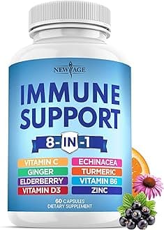 8 in 1 Immune Support Booster Supplement with Echinacea, Vitamin C and Zinc 50mg, Vitamin D 5000 IU, Turmeric Curcumin & Ginger, B6, Elderberry 60 Count (Pack of 1)